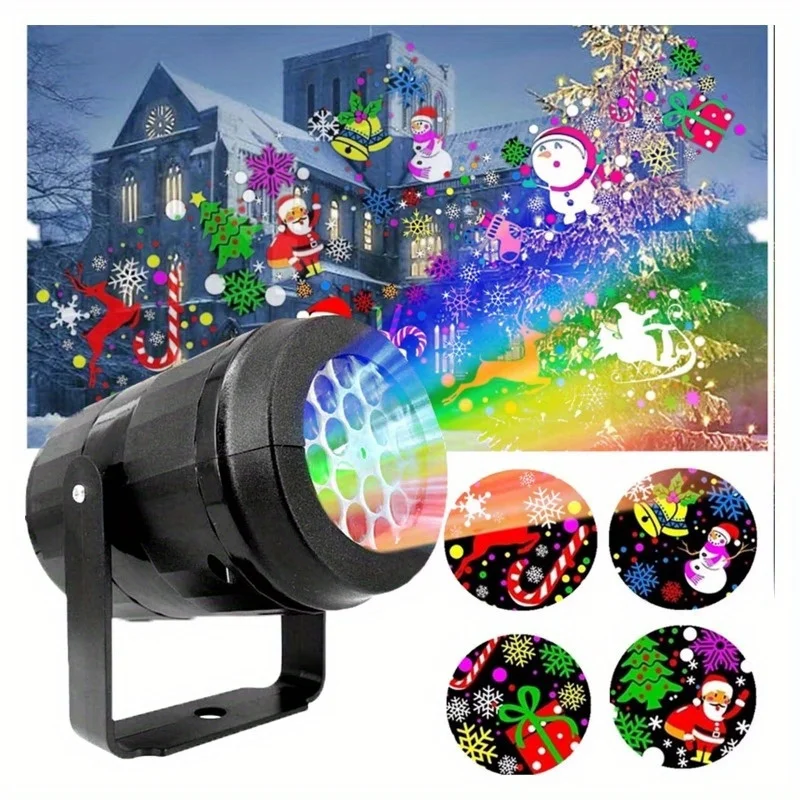 Christmas LED Projector Light RGB Color Changing Night Light w/Snowflakes,Santa Hats,Reindeer,Gifts,Auto-Rotating Holiday Decor