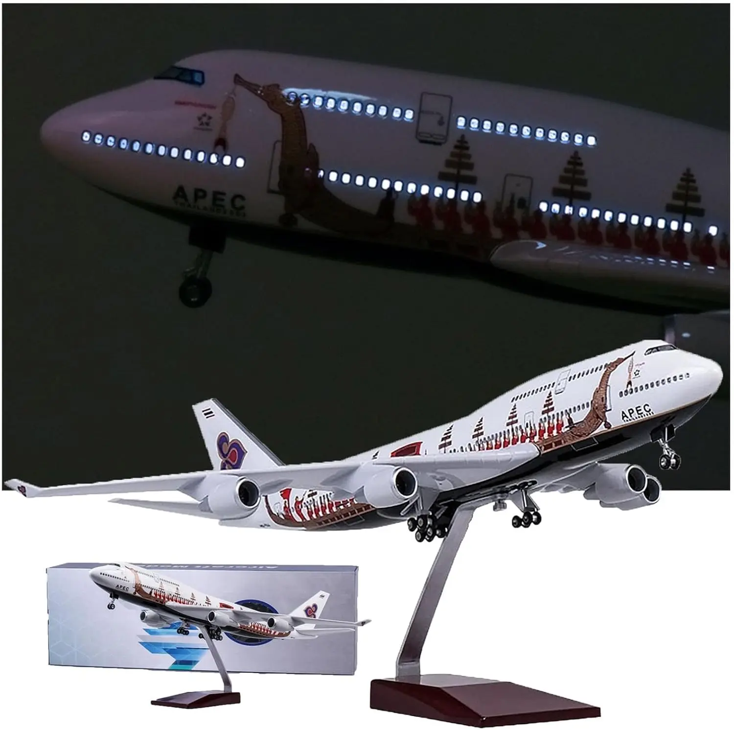 47CM Airplane Model Thai Airways Dragon Boat B747 Plastic Model with Lights and Landing Gear Aviation Enthusiast Gifts