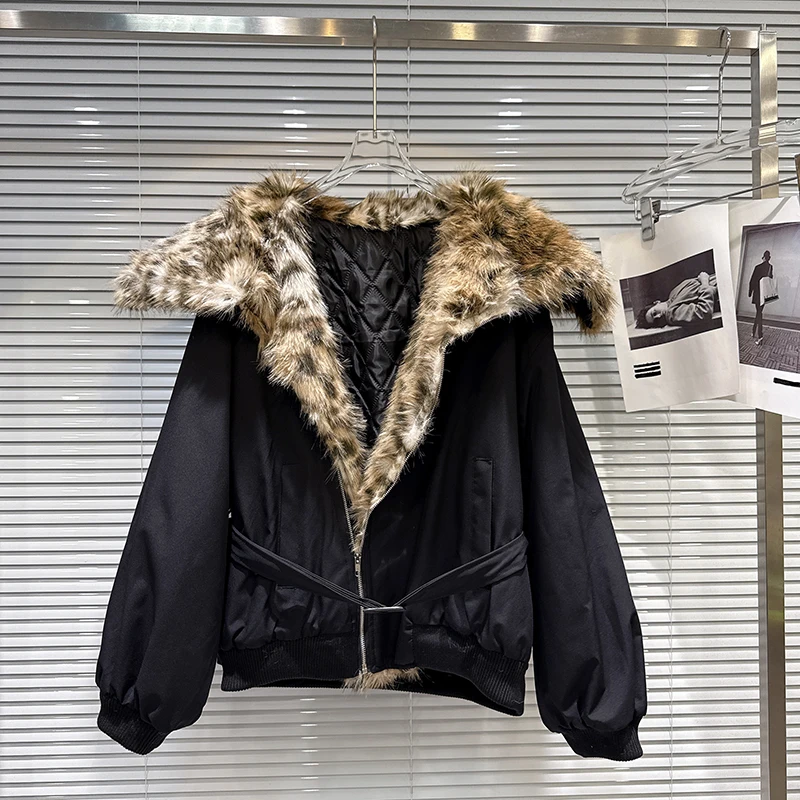 

Зимняя куртка в стиле ретро с леопардовым меховым воротником, женская куртка с длинными рукавами, свободная теплая стеганая верхняя одежда, женские хлопковые куртки на молнии с поясом