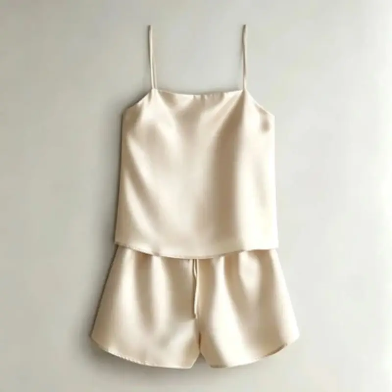 Men's Sexy Sleepwear Satin Suspender Vest Tops+Shorts 2Pcs Sets Pajamas Cross-dressing Soft Silky Nightwear CD Home Clothes
