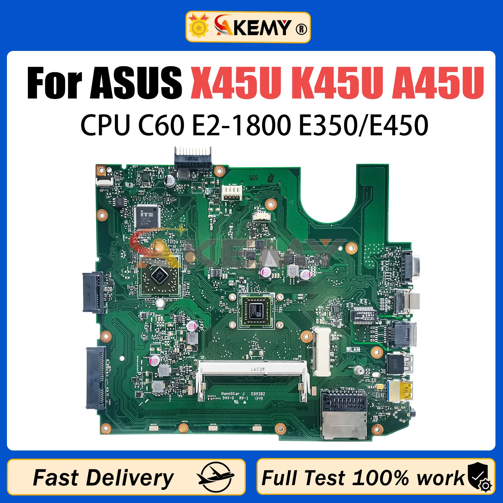 

AKEMY X45U integrated Mainboard for ASUS K45U A45U Laptop Motherboard CPU C60 E2-1800 E350/E450 100% Working Well