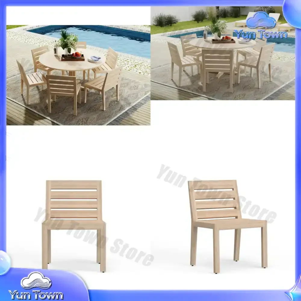 Chic Modern Weathered Finish Outdoor Patio Dinner Furniture Round Wood Table And Teak Dining Chair