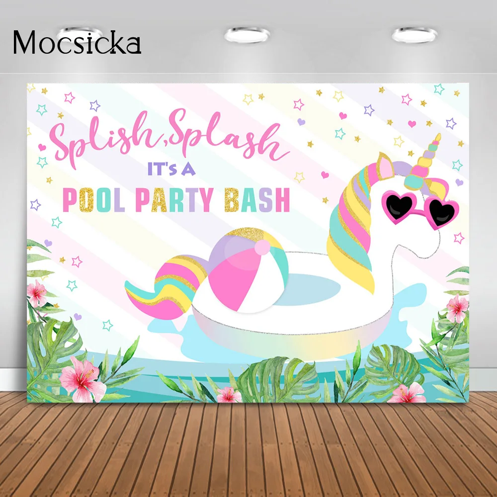 Mocsicka CUSTOM Splish Splash It's A Pool Party Bash Birthday Photography Background Unicorn Swimming Ring Decoration Backdrop
