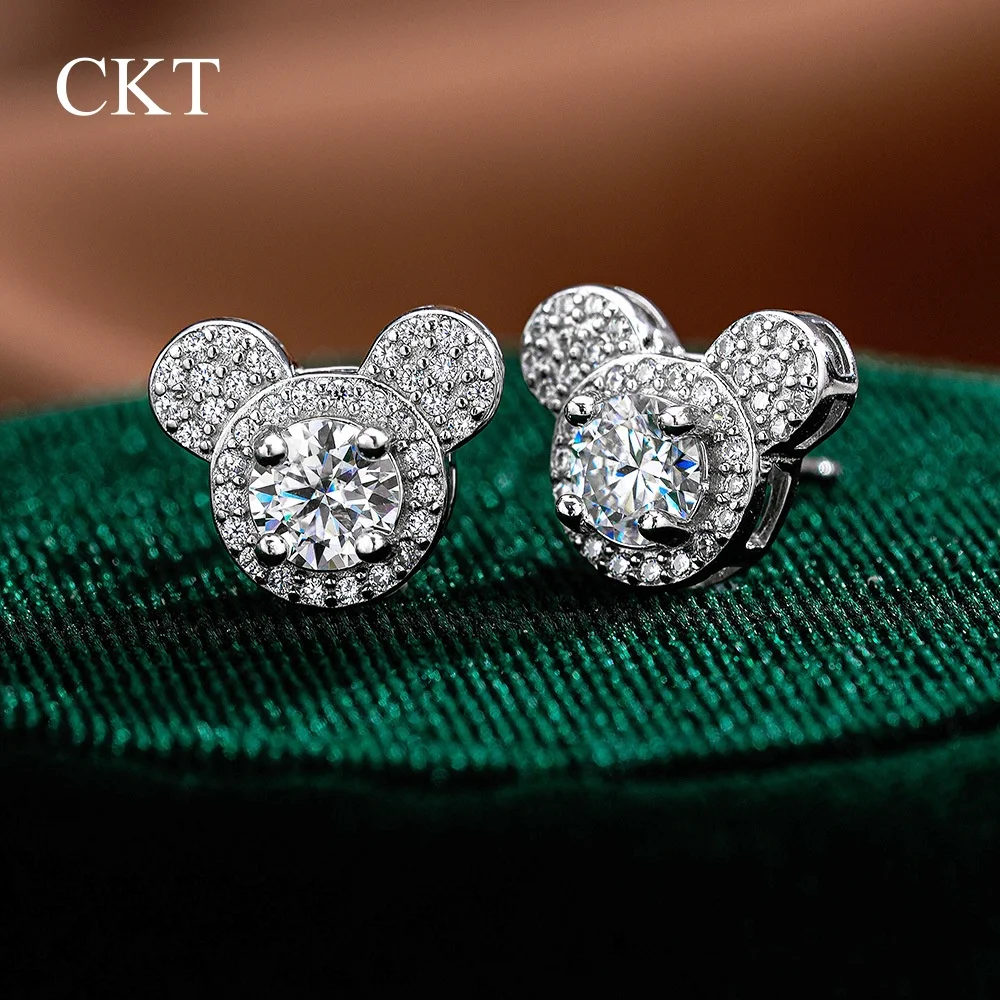 CKT 18k White Gold Women's New Classic Cute 0.5ct Mickey Moissanite Stud Earrings Fashionable Platinum Pt950 Earrings Jewelry