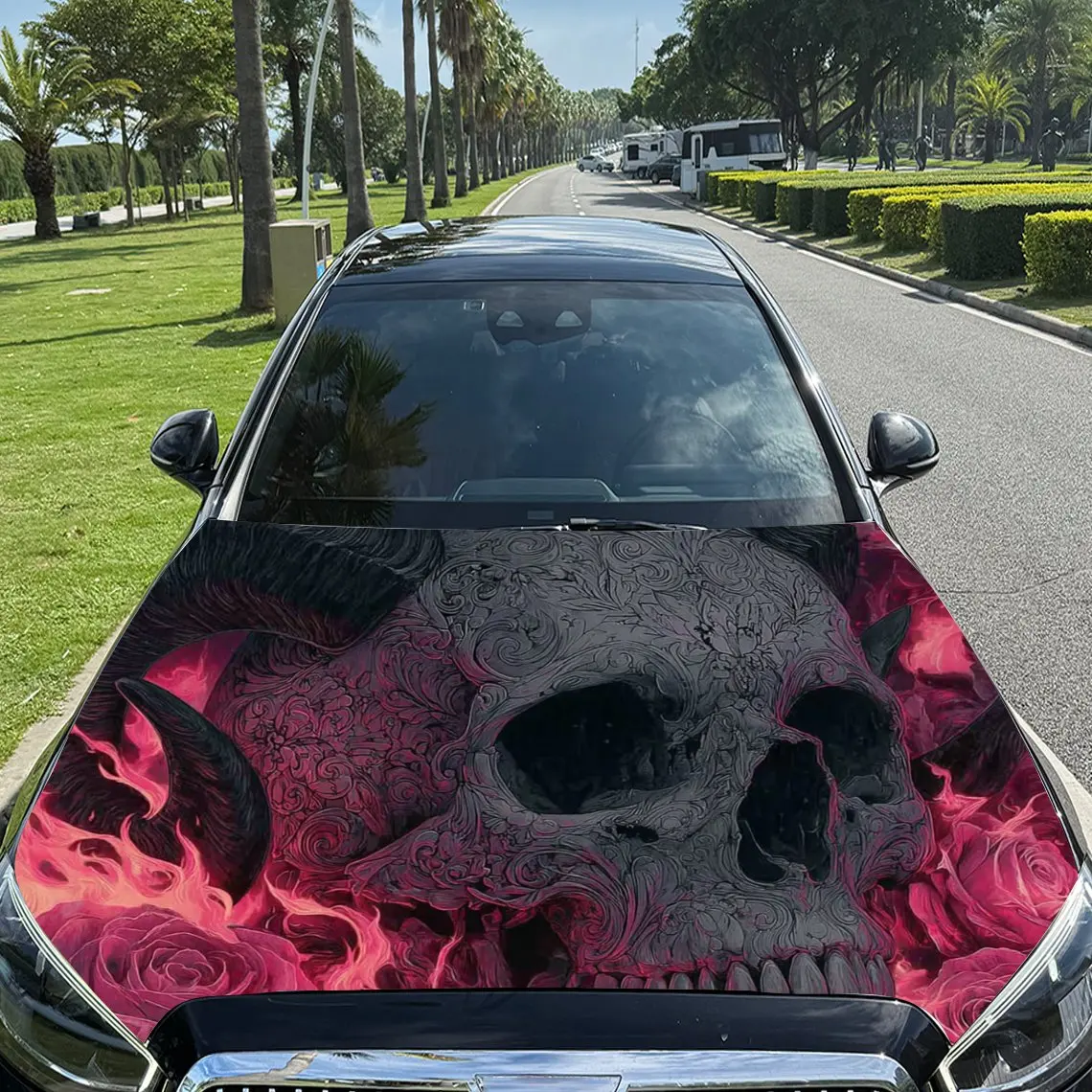 Exquisite Patterned Cow Horn Skull Car Hood Stickers,Durable PVC Vinyl Packaging,Enhanced Protection And Style,Easy To Apply And