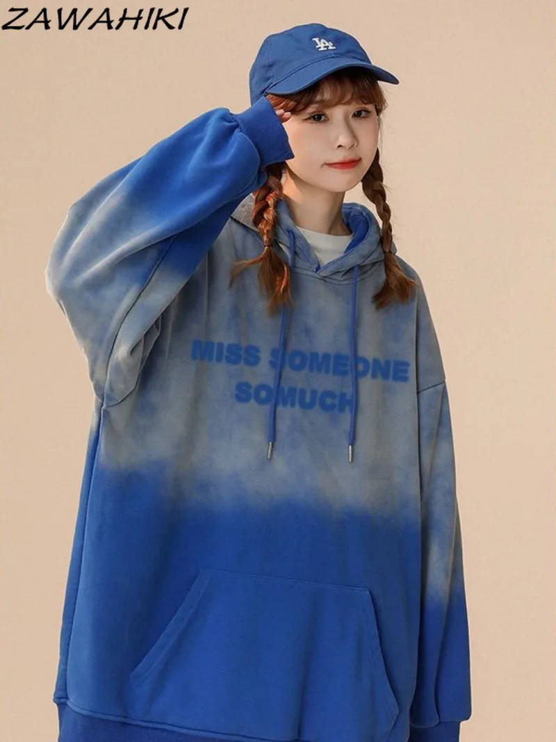 

ZAWAHIKI New Arrive Loose Oversize Letter Print Hoodies Sweatshirt Women Fall Winter Gradient All Match Fashion Chic Tops Mujer