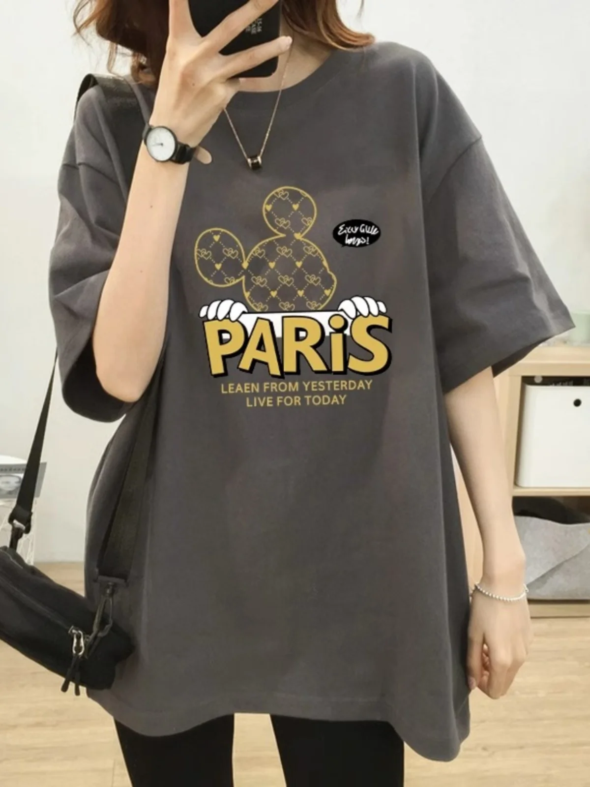 

Summer New ey Loose Cotton ort Sve T-irt Women's Korean Sle Mid-Length Trendy INS Print round Ne Casual Top