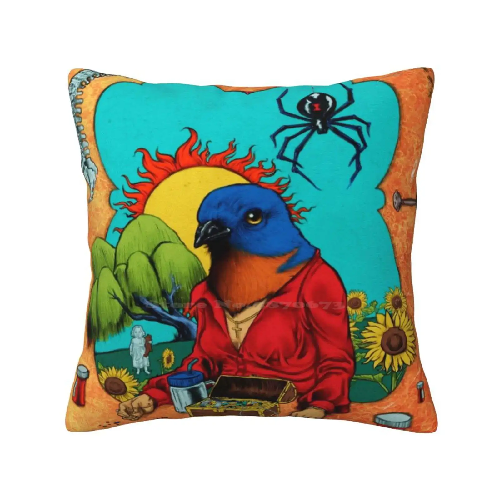 Bluebird Of Happiness Throw Cushion Pillow Cover Bird Sunflowers Weeping Willow Spine Jewelry Medicine Mirror Cross Baby Rattle