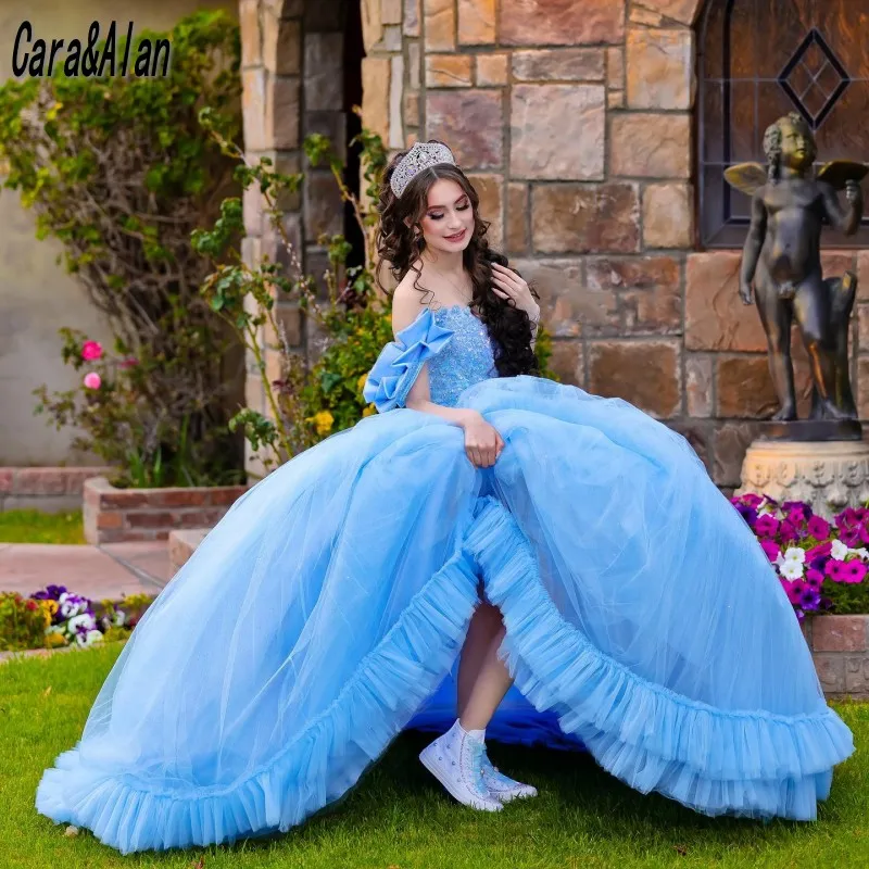 فساتين Quinceanera باللون الأزرق السماوي بأكمام قصيرة الأميرة Vestidos De 15 Años مزينة بالترتر فساتين عيد ميلاد الفتيات المكسيكي