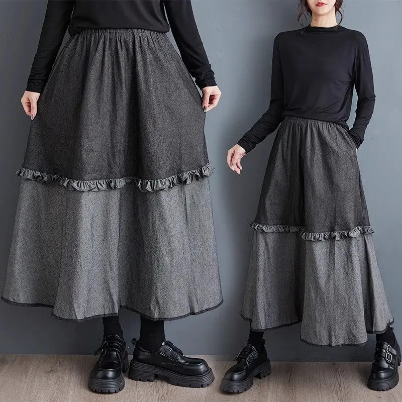 2024 Autumn Color Blocked Cowboy Skirt With Elastic Waist Large Size Loose Black Fungus Edge Versatile A-Line Jeans Skirt k2561