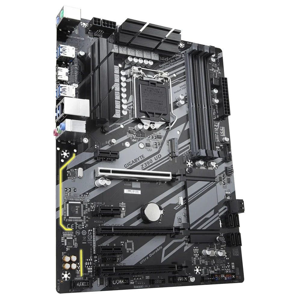 Gigabyte Z390 UD motherboard, LGA1151 socket, supports 8th/9th generation Intel Core processors, DDR4, and dual M.2 interfaces.