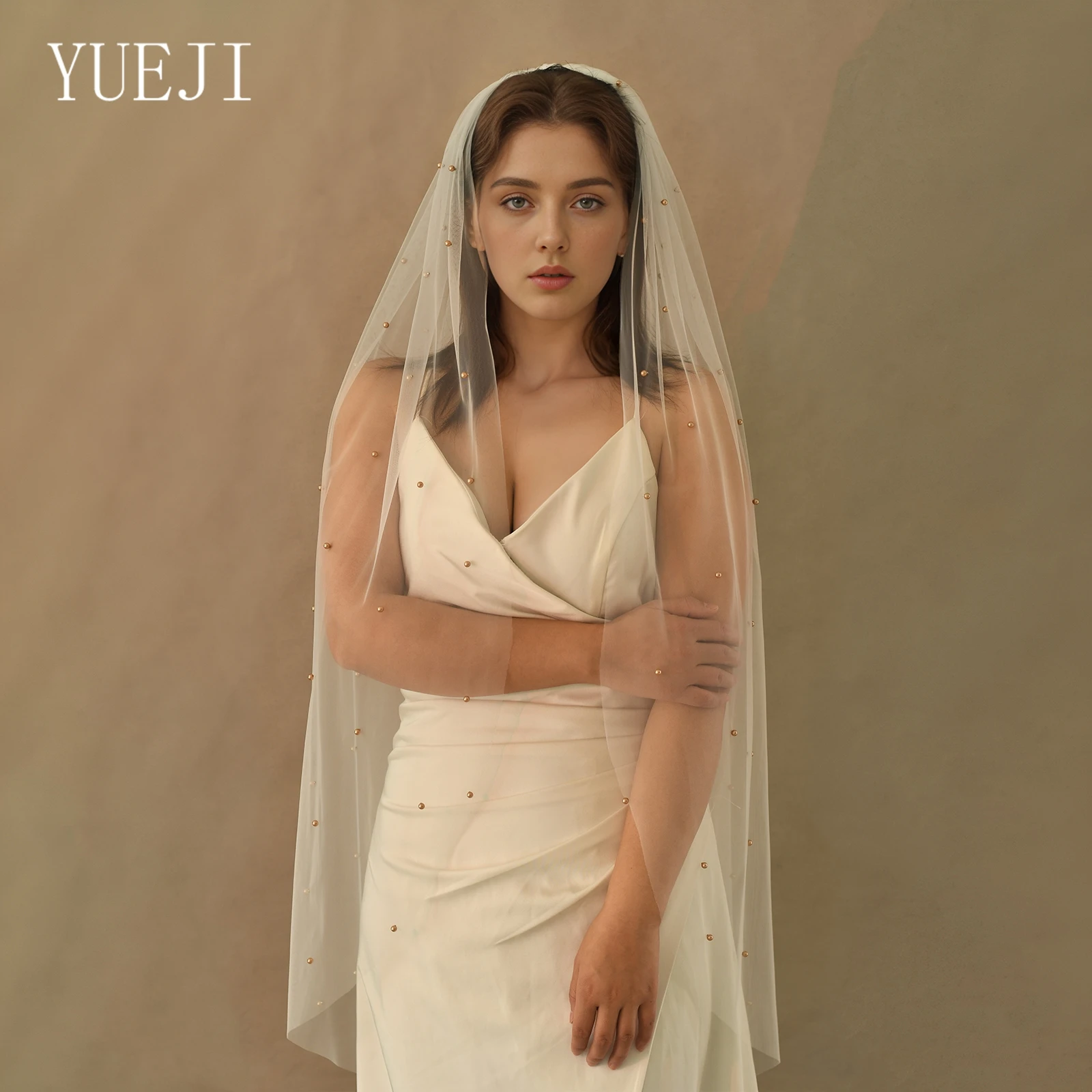 

YUEJI Bridal Elegant Cathedral Veil With Champagne Pearls Single Wedding Accessory With Comb Customized vestidos de no YJ11