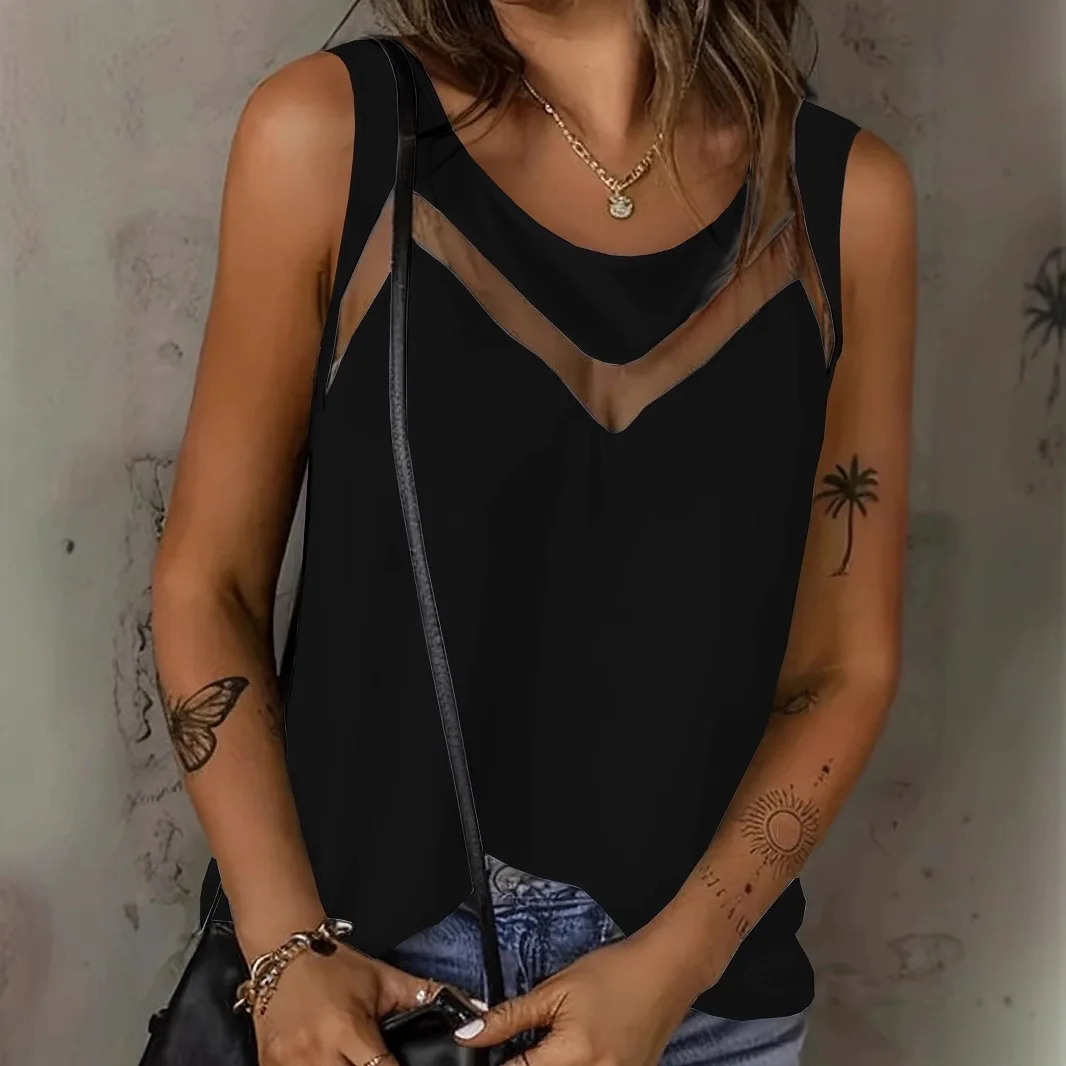 Ladies' Summer Sleeveless T-shirt Top Fashion Solid Color Hollow Perspective Tank Top 2025 Temperament Design Sense Top