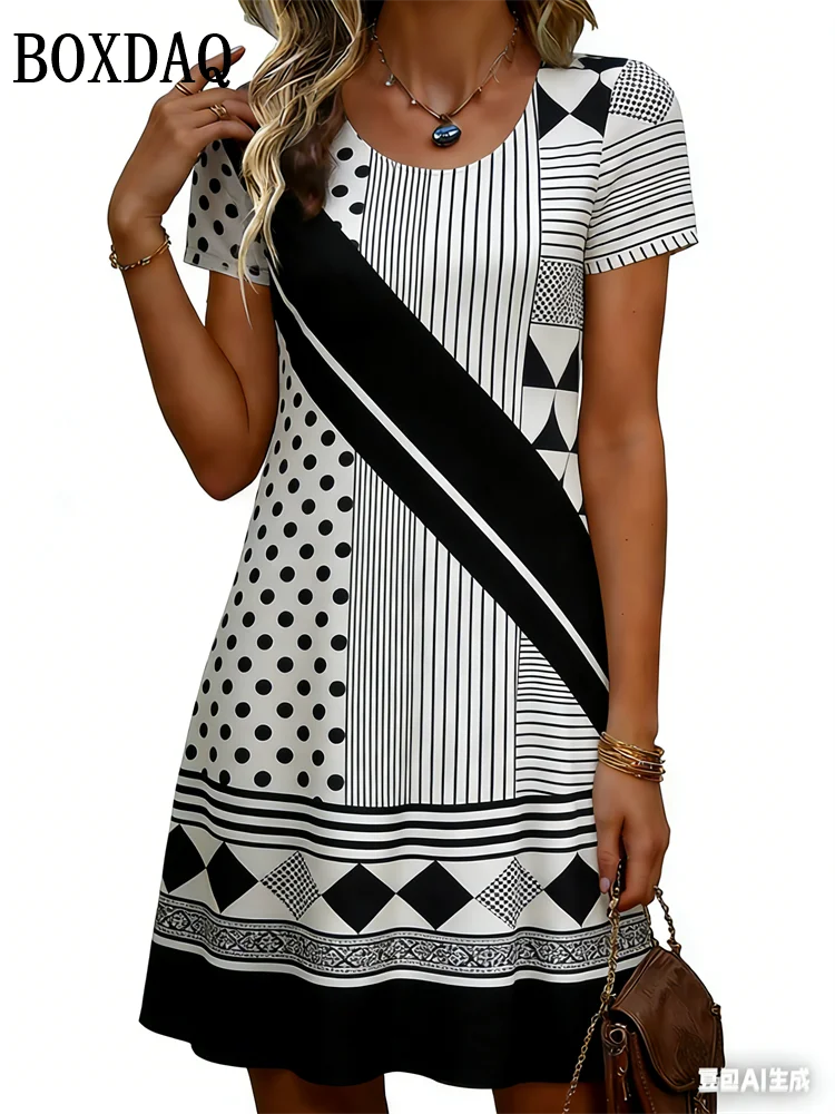 

Новинка 2026: Модное женское летнее платье в этническом стиле с круглым вырезом, свободное, в горошек и полоску, с коротким рукавом, мини-платье, повседневная женская одежда, Vestidos