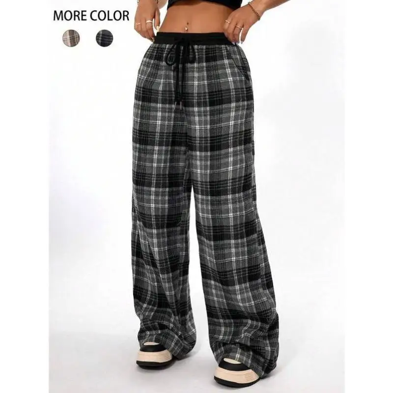 

Cross-Border New Men's Casual Pants Women's Plaid Print Dstring Straight Leg PVC Fabric ex Summer Autumn Winter