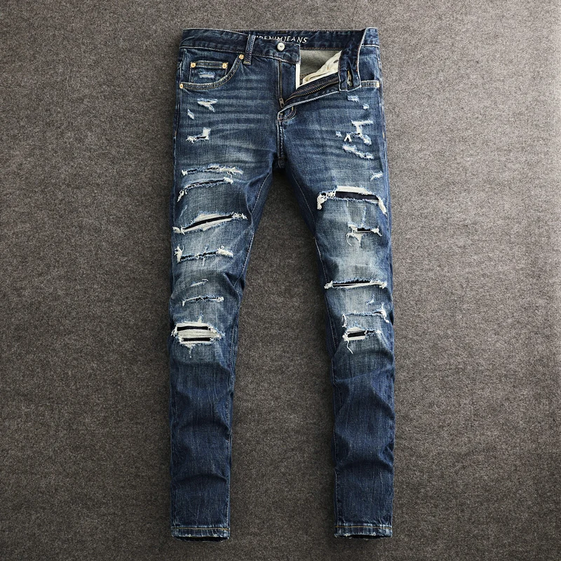

Street Designer Fashion Men Jeans High Quality Vintage Blue Stretch Slim Fit Patched Ripped Jeans Men Y2K Hip Hop Denim Pants