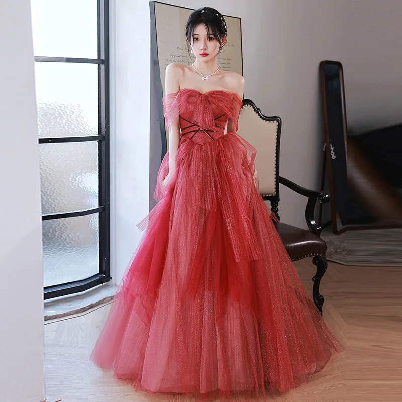 Wine Red Off Shoulder Tulle Prom Gown Women Pleat A-line Sequin Off Waist Evening Dresses Exquisite Elegant Formal Dress