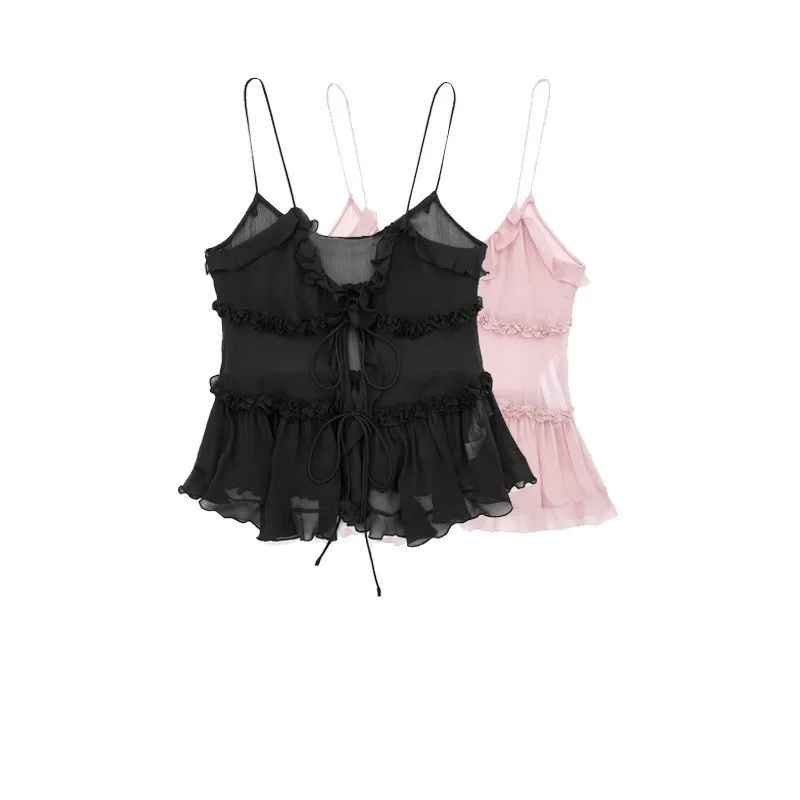 

Женские топы французского многослойного дизайна с V-образным вырезом, без рукавов, спереди, с бантом, сексуальные подтяжки, весна-лето, новые повседневные однотонные шикарные топы