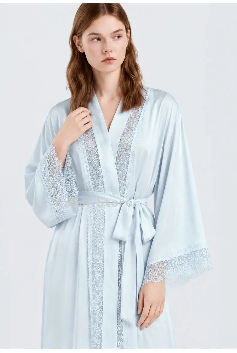 Elegant Luxury Spring Autumn Women Long Sleeve Robe, Lace Spliced Satin Chiffon Sleep Robe for Home Loungewear