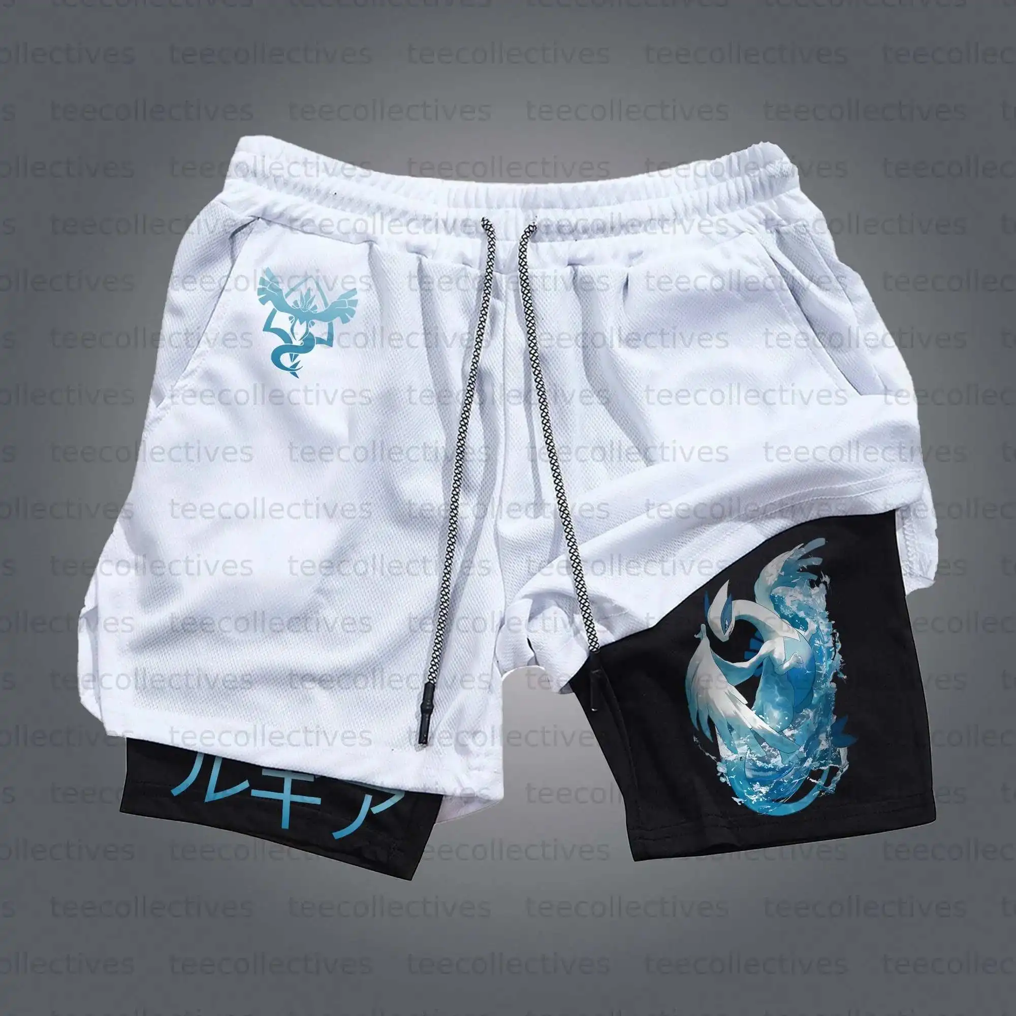 Japanse streetwear shorts heren katoenen sportbroeken 2025, zomer grafische bodems, witte basis, zwart paneel, blauw logo-patroon, water