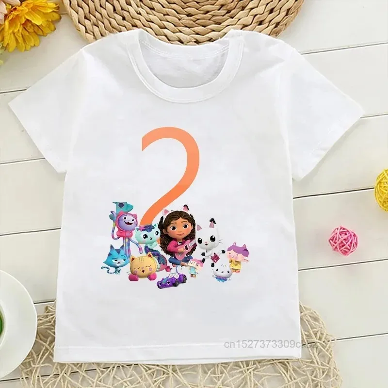 Gabbys Doll House Cartoon Print Girls T-Shirts Birthday Party Clothing Fashion Kid'S Tshirts 2-12 Years Old Birthday Number