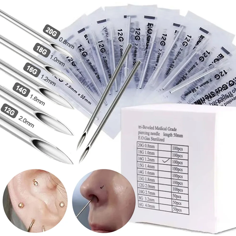 200/50/20pcs Piercing Needles Stainless Steel Puncture Needles 12G 14G 16G 18G 20G Ear Nose Body Piercing Tool Individally Pack