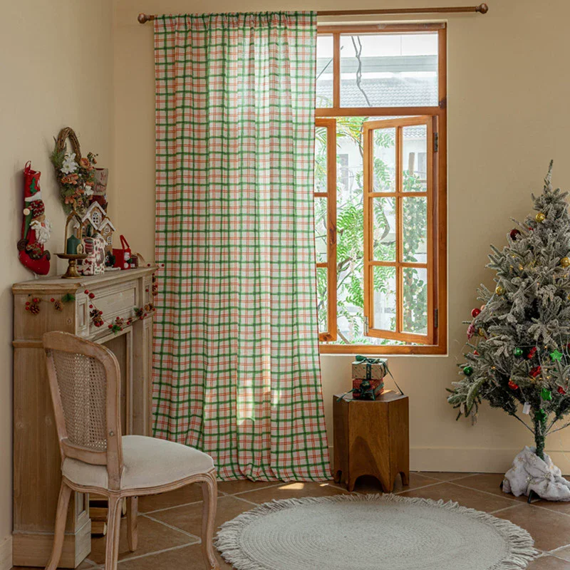 Nordic InS-Style Checkered Pattern Balcony Bedroom Bay Window Curtains Semi-Blackout Red And Green Line Design