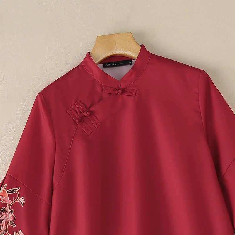 ZANZEA Chinesischer Stil Vintage Damenbluse, elegantes Arbeitshemd mit Stehkragen und 3/4-Ärmeln, bedruckte Oberteile mit Knöpfen, Blusas – Detail 13