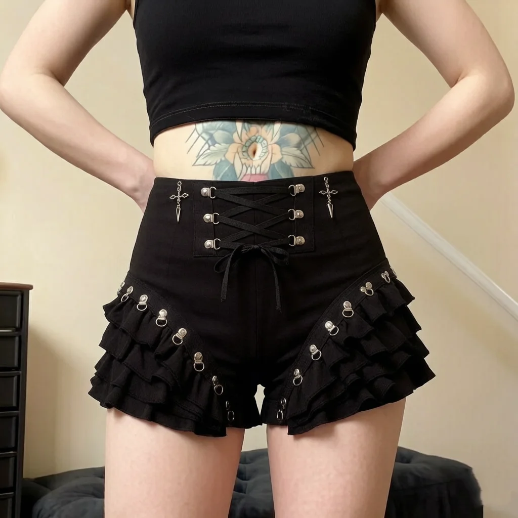 Goth Grunge Women High Waist Bandage Shorts Y2K Harajuku Cyberpunk Emo Alternative Streetwear Punk Fashion Edgy Trendy