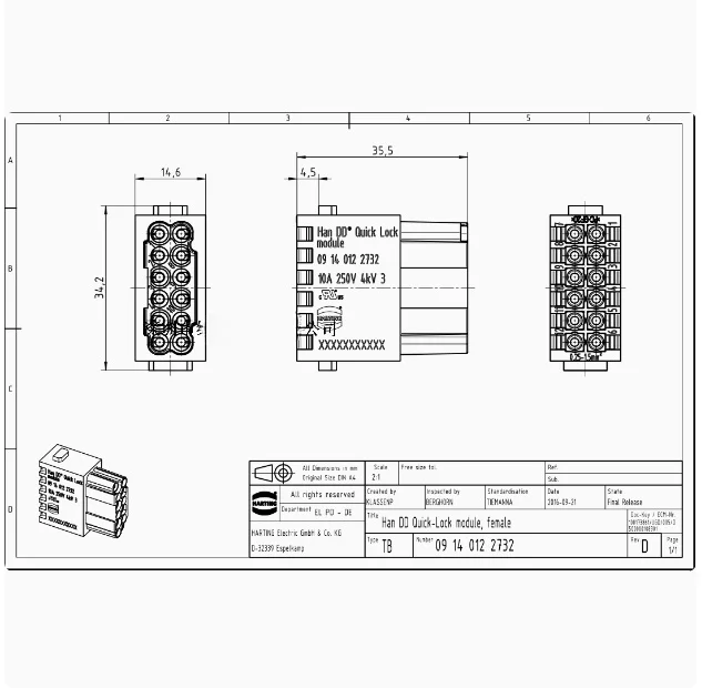 1pcs 09140122732 Harting HAN module 12-pin female module HAN 12MOD-F-QL