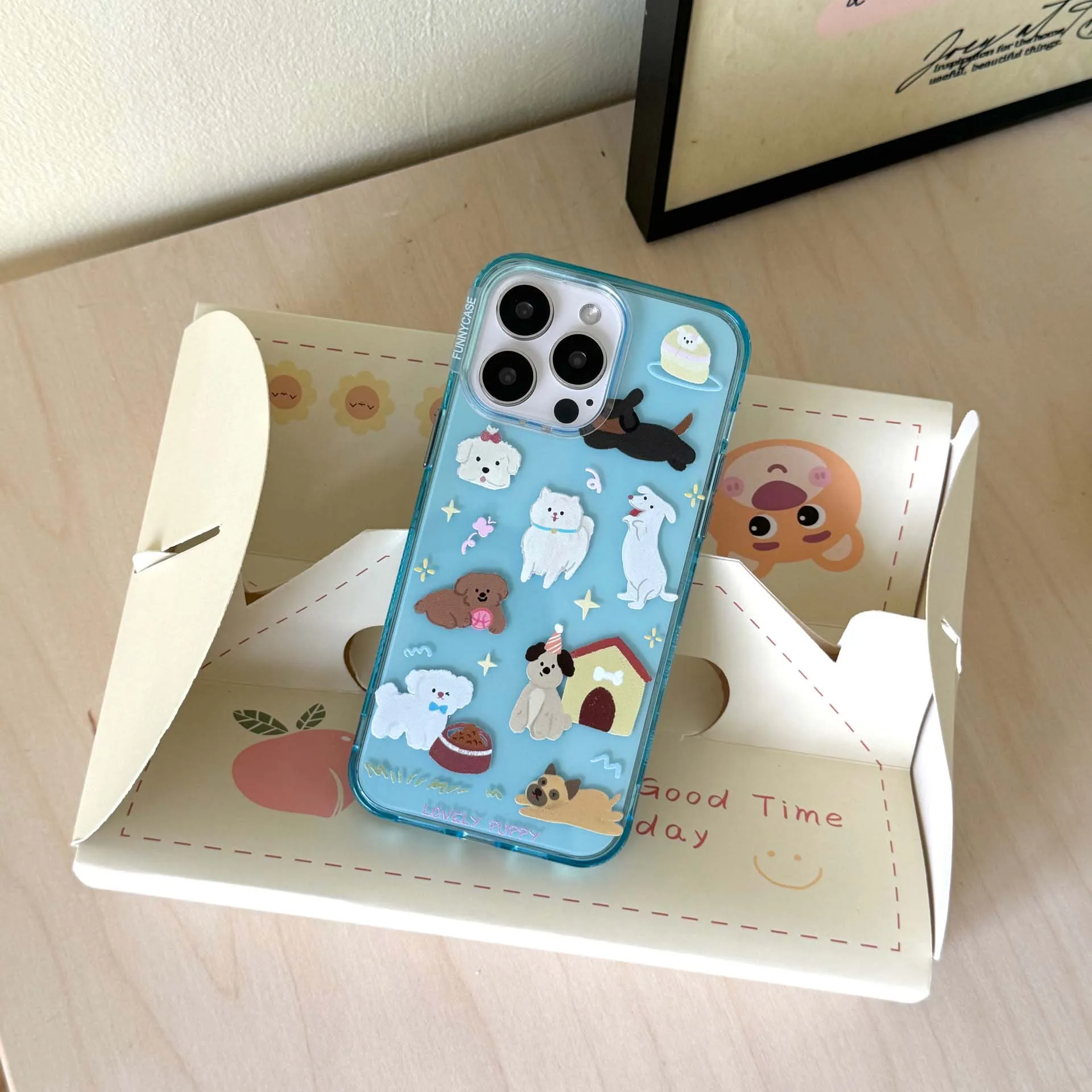 Cartoon cute puppy cat transparent phone case for iphone 14 15pro 15promax 13pro 14promax 13 pro max blue 3d star chain fundas