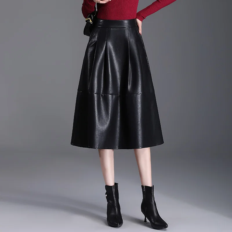 

Юбка А-силуэта из искусственной кожи для женщин, с завышенной талией, миди, универсальная, удобная для повседневной носки, из смесового полиэстера