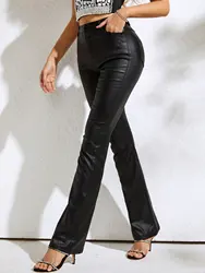 2023 Women Fashion Street High Waist Slant Pocket PU Leather Bootcut Leg Pants Female Casual Vocation Trousers