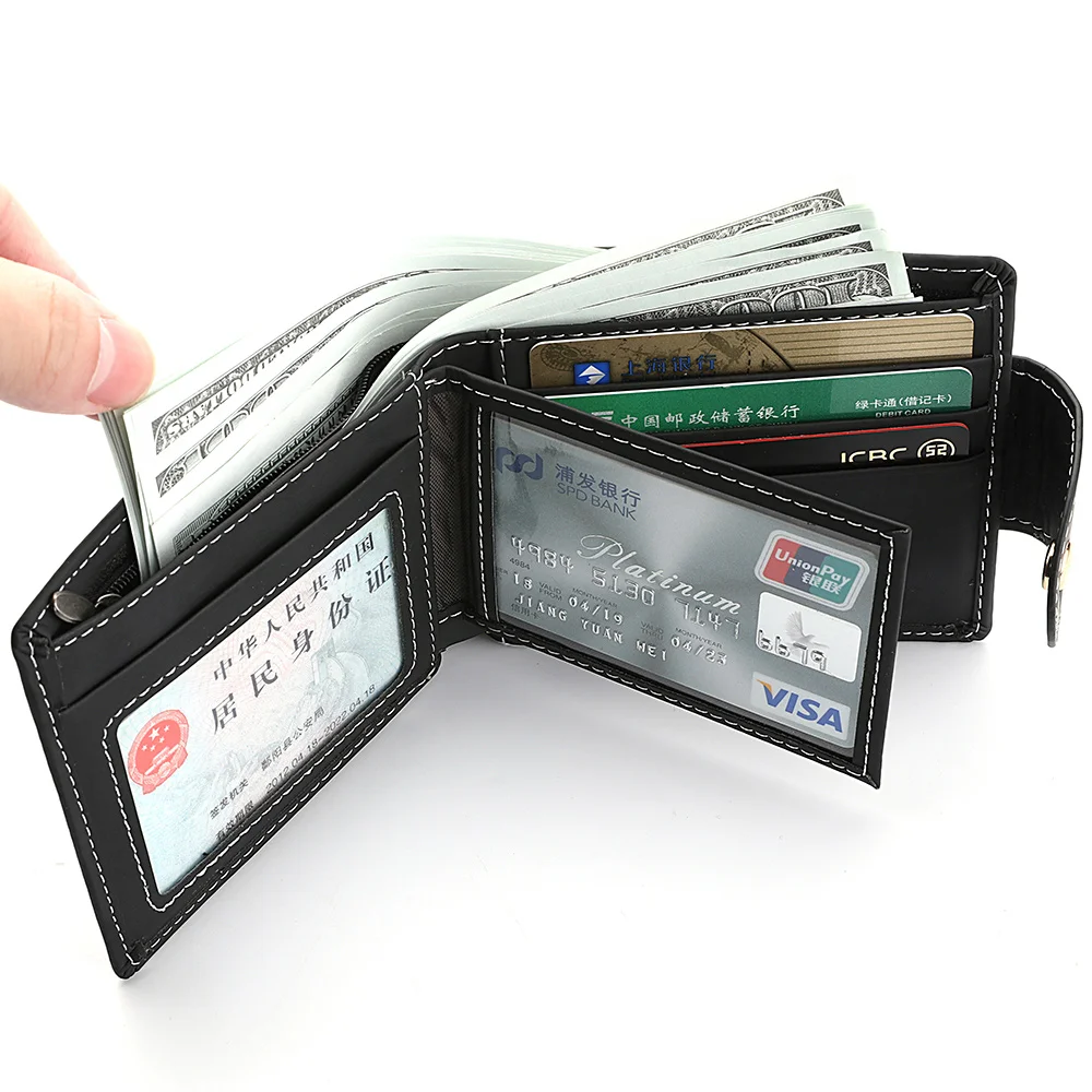 Portafoglio corto da uomo con tasca portamonete con cerniera in metallo con aquila Slot per foto trasparente a 3 pieghe Porta carte di credito con slot multipli