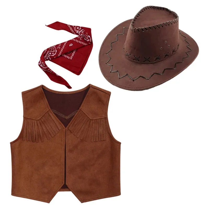 Kids Child Western Cowboy Cowgirl Costume New Open Front Vest Waistcoat Bandanna Felt Hat Set for Halloween Themed Party Cosplay