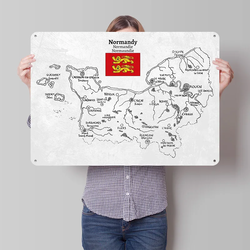 Hand Drawn Map of Normandy 3D Texture Metal Poster Customized Wall Art Tin Sign Gift for Mancave Aesthetic Room Decor Men Retro