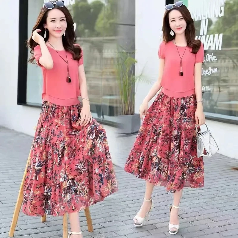 Chiffon Print Plus Size 5xl For 85kg Skirt 2 Piece Set Elegant Korean Tops + Loose Midi Faldas Casual Conjuntos Fashion New Suit