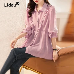 Pink Sweet Ruffle Chic Casual Street Button Shirts Korean Fashion Elegant Loose Long Sleeve Tunic Top Blouse Women Blusas Mujer