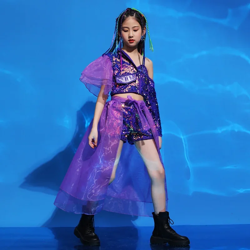 

Kids Girls 2PCS Sets T-shirt Skirt Lace Splice Sequins Tee Shorts Tracksuit Children Jazz Dance Costumes Fashion Show Clothes