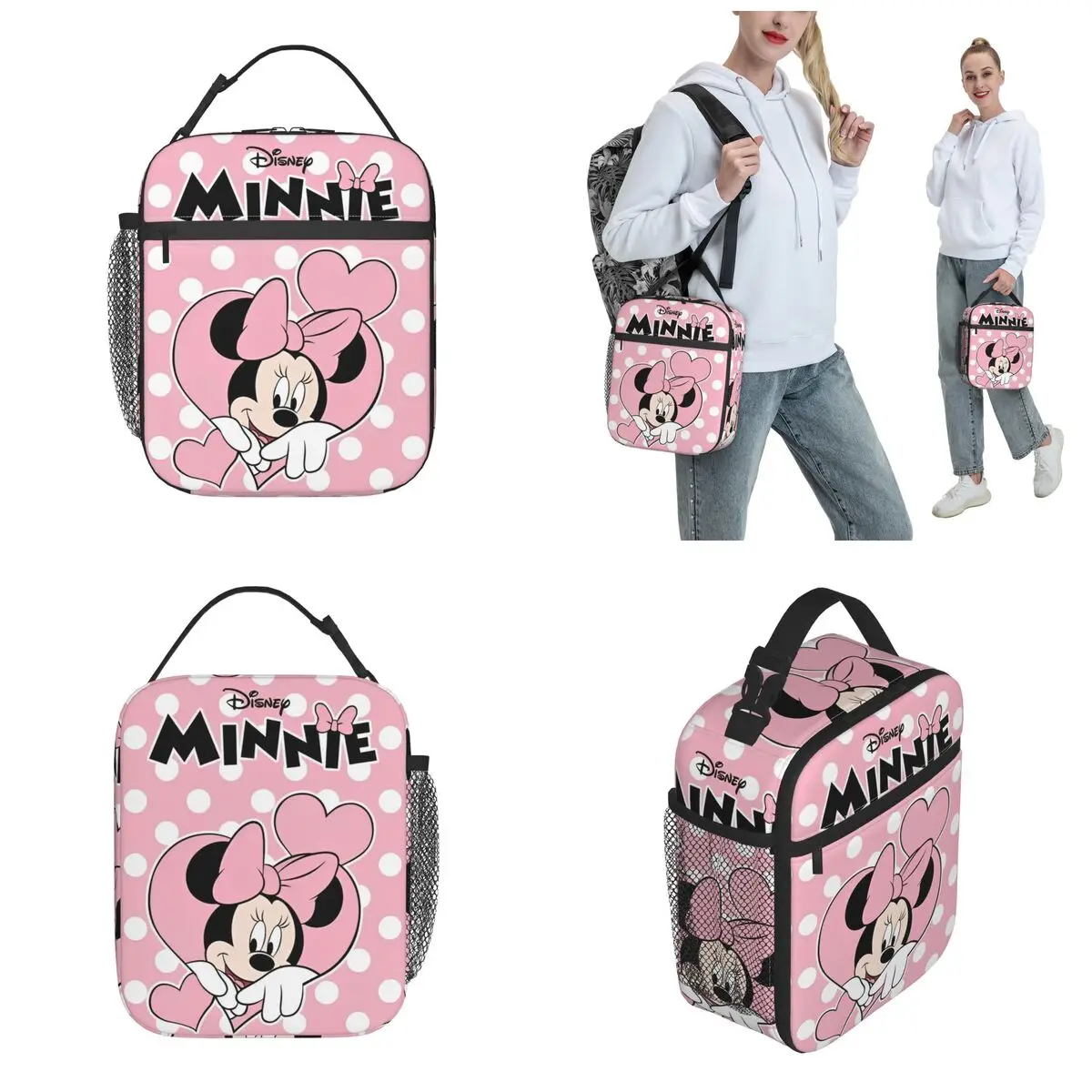 Pink Heart Minnie Mouse Insulated Lunch Bags Food Bag Portable Thermal Cooler Lunch Boxes For Picnic