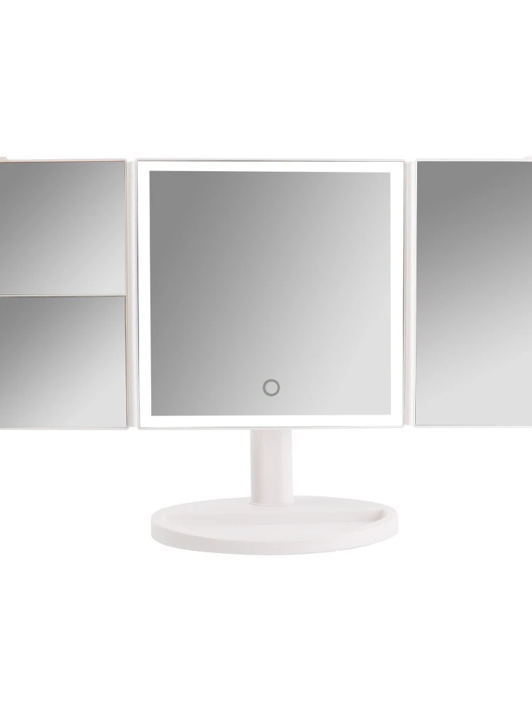 Desktop vanity mirror with LED light can be stretched 360 degree rotation three sides folding led mirror 2x 3x magnification