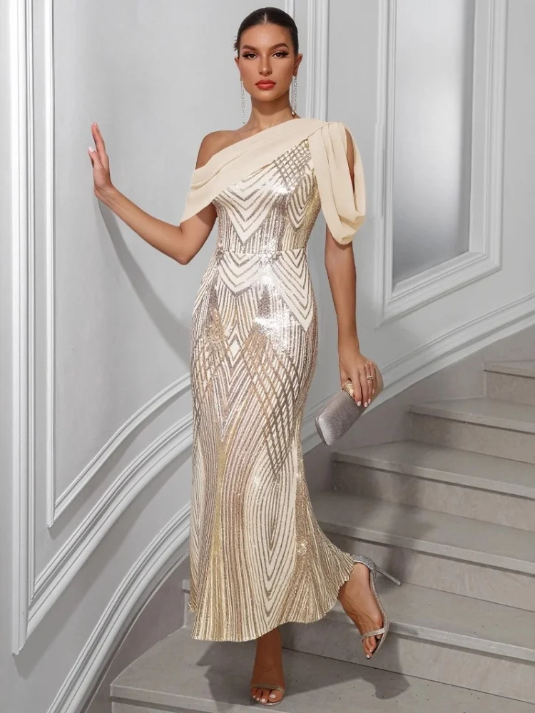 

Wmstar Dress Women Wholesale Hot Selling New European American Single Shoulder Chiffon Patchwork Sequined Long Party 2025