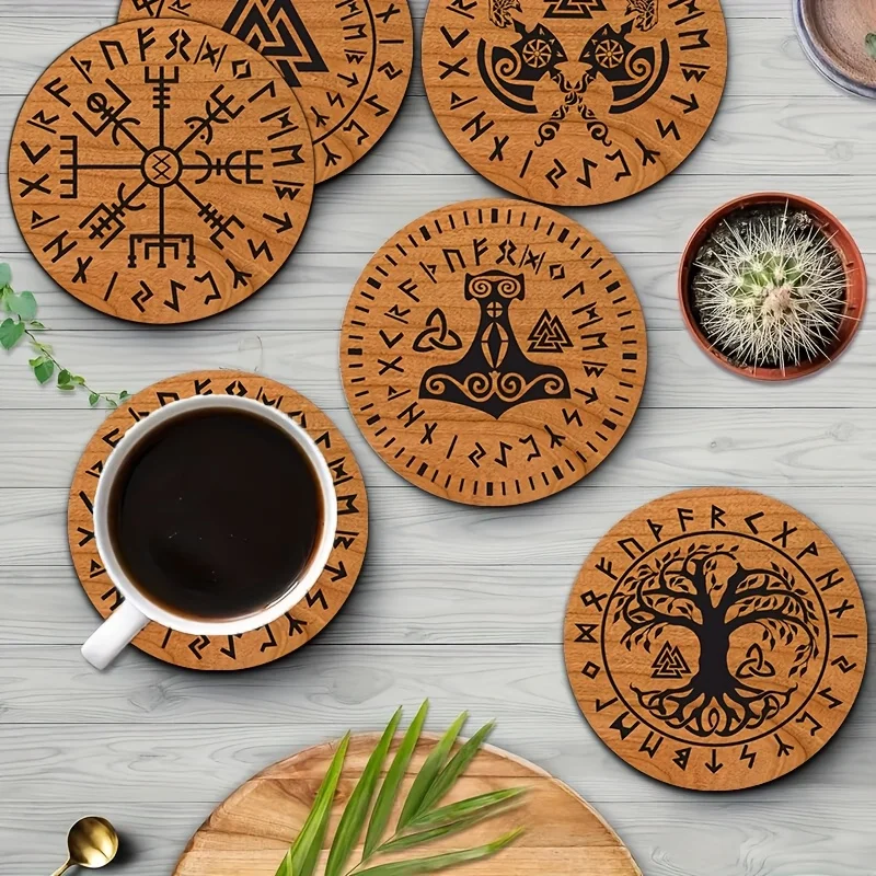 Vintage 2D Wooden Cup Mat Viking Runes Celtic Symbols Lightweight Heat Resistant Non-Slip Coffee Shop Office Home Decor 6PCS