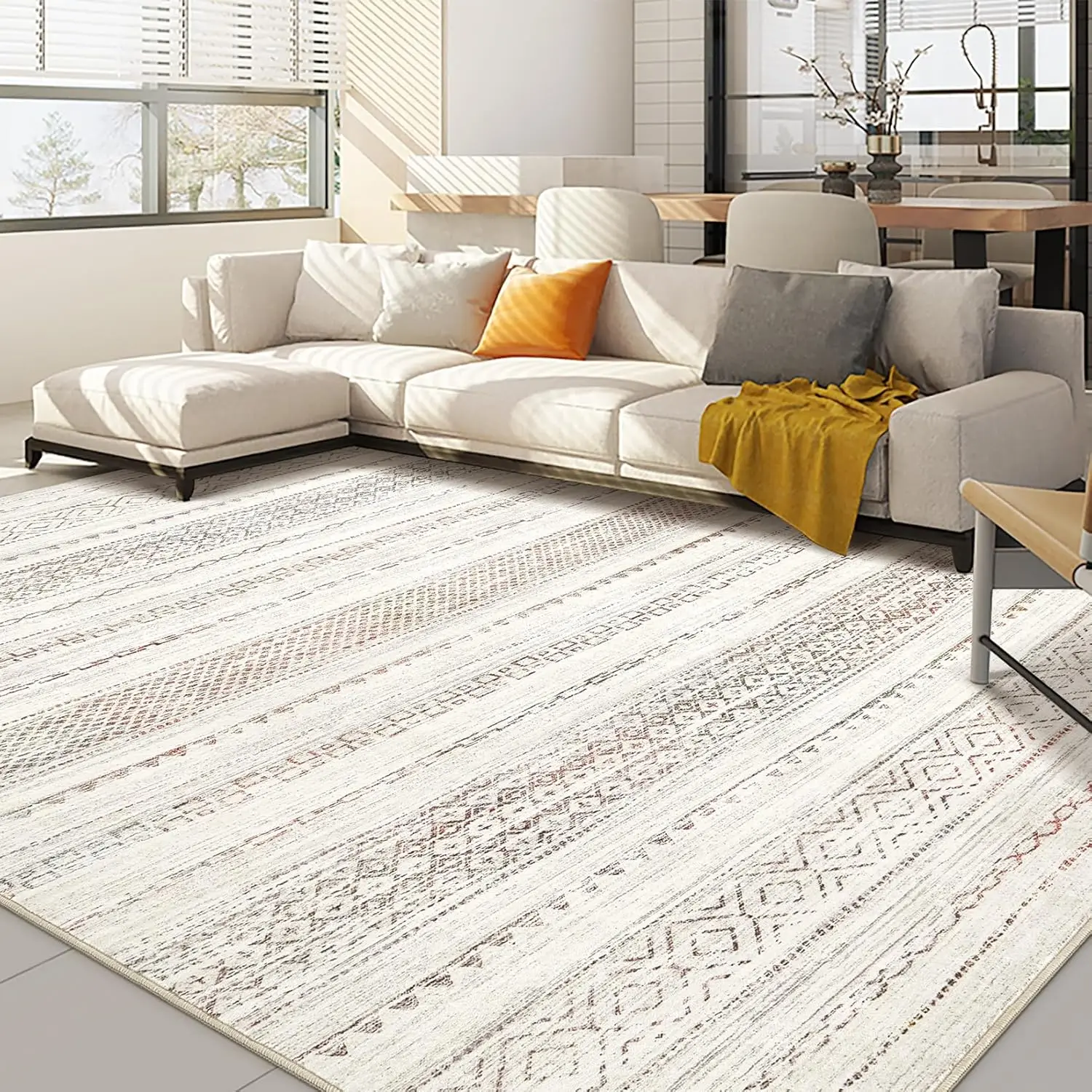 10X14 Area Rugs Living Room Rug: Washable Large Soft Boho Modern Neutral Stain Resistant Indoor Floor Carpet Low Pile Accent