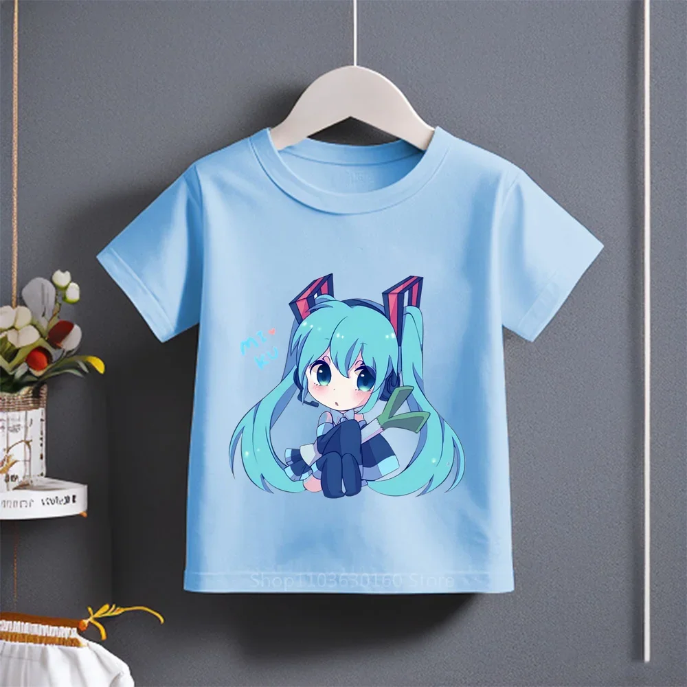 Summer New Hatsune Miku Cartoon Print T-shirt Boys Girls Cotton Stylish Trendy Cute Kids Short Sleeve Top Apparel