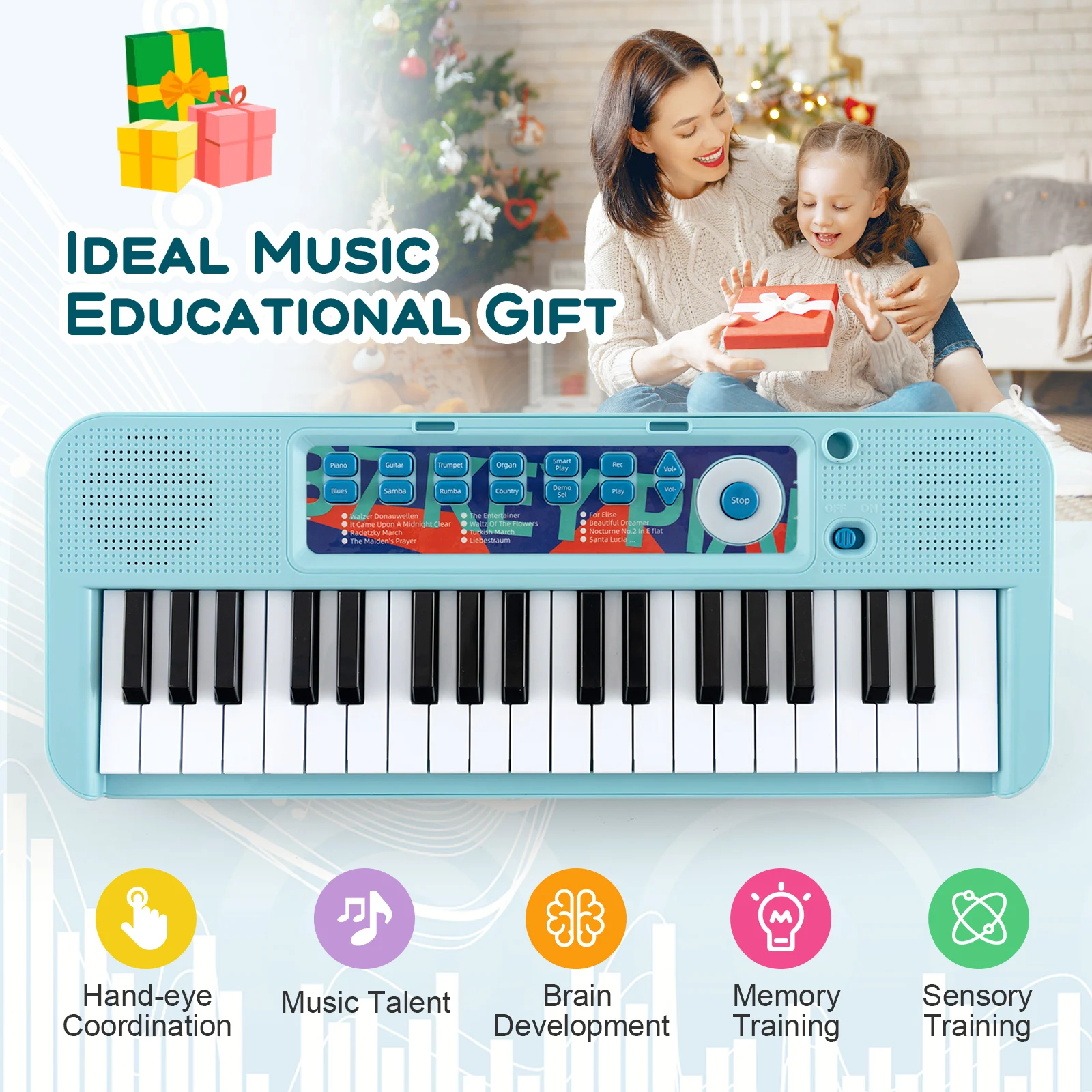 Teclado de Piano de 37 teclas para niños, instrumento electrónico Musical con taburete, azul