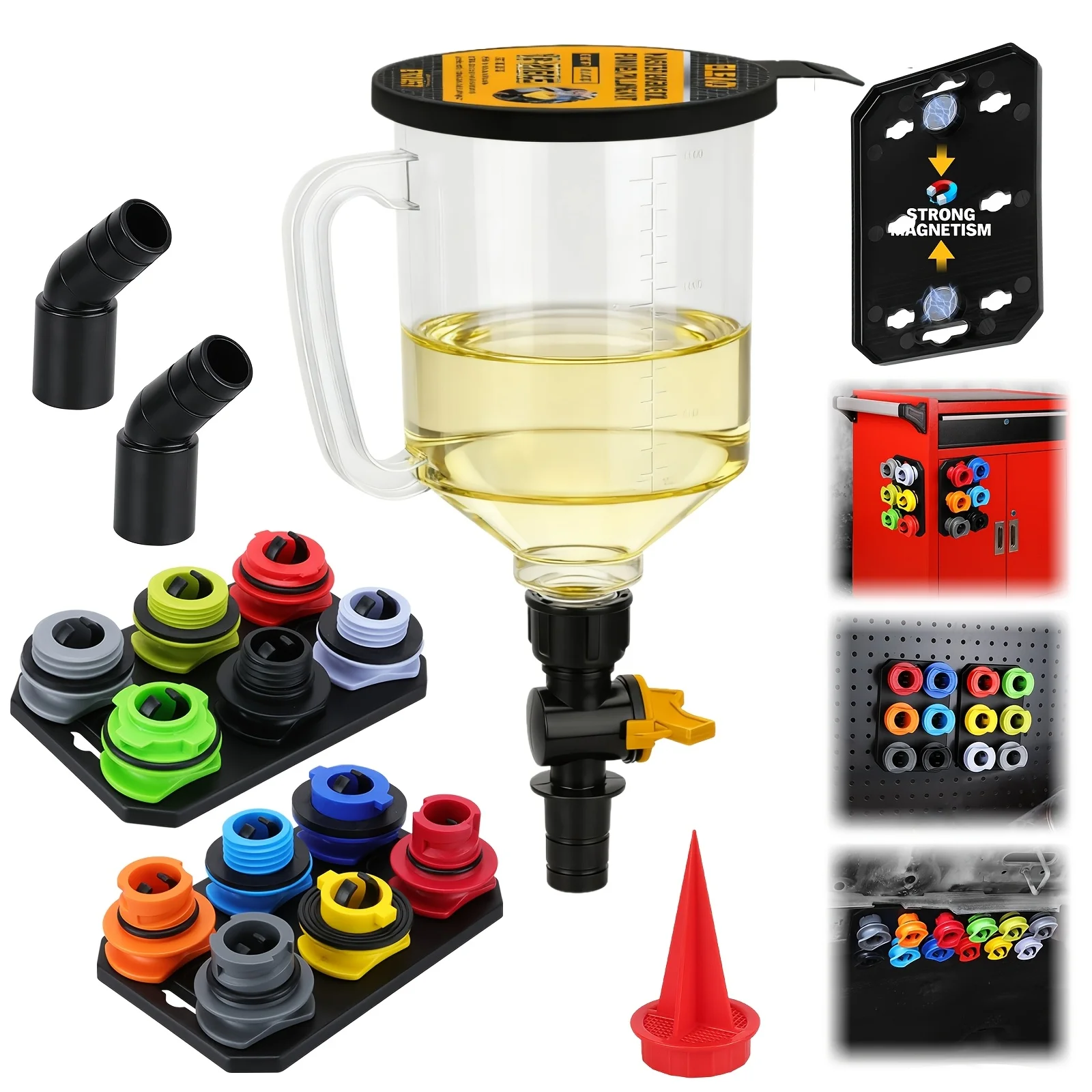 

19pcs Engine Oil Funnel Filling Kit, 1.36qt/ 50.72oz Coolant Funnel Set, Funnels for Automotive Use, 12 Adapters, Elbow Fitting