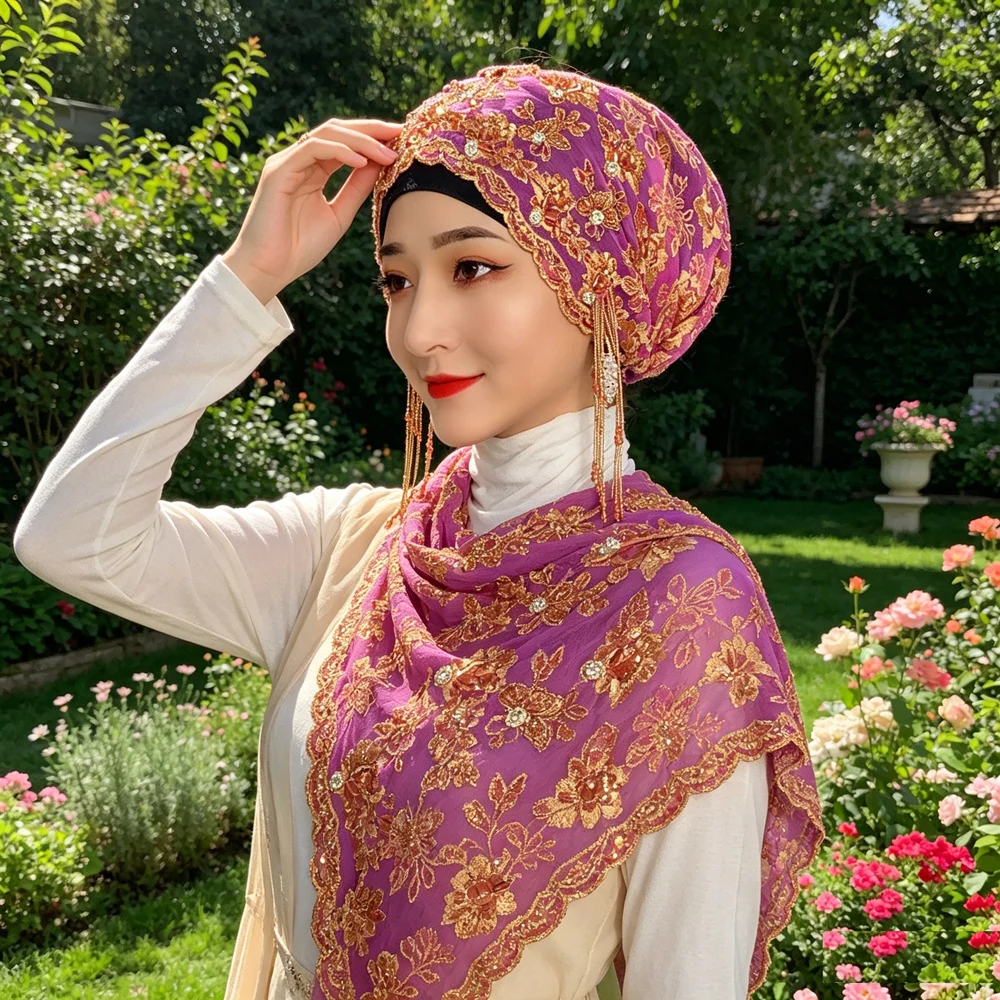 Rhinestone Beaded Tassel Embroidery Turban Hijab Cap Muslim Ladies Soft Headscarf Decor For Ramadan Eid Wedding Party Head Wrap