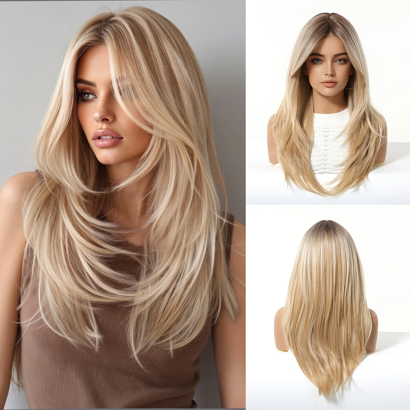 24 Inch Women'S Black Brown Champagne Golden Gradient Bangs High Layered Long Straight Rose Net Cap Synthetic High Temperature Full Head Wig, Temperament Mature Suitable for Work School, Bare Face Makeup, Dinner Parties