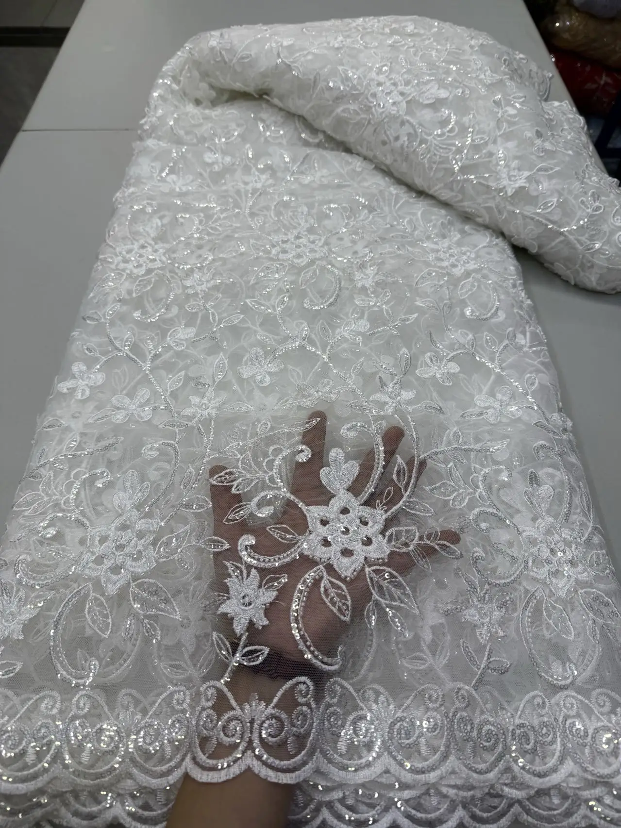 

African Mesh Lace Sequin Fabric,Design,Fabrics By The Meter,For Sewing,Clothes,White,Tulle,Wedding Dresses,Embroidery,5 Yards